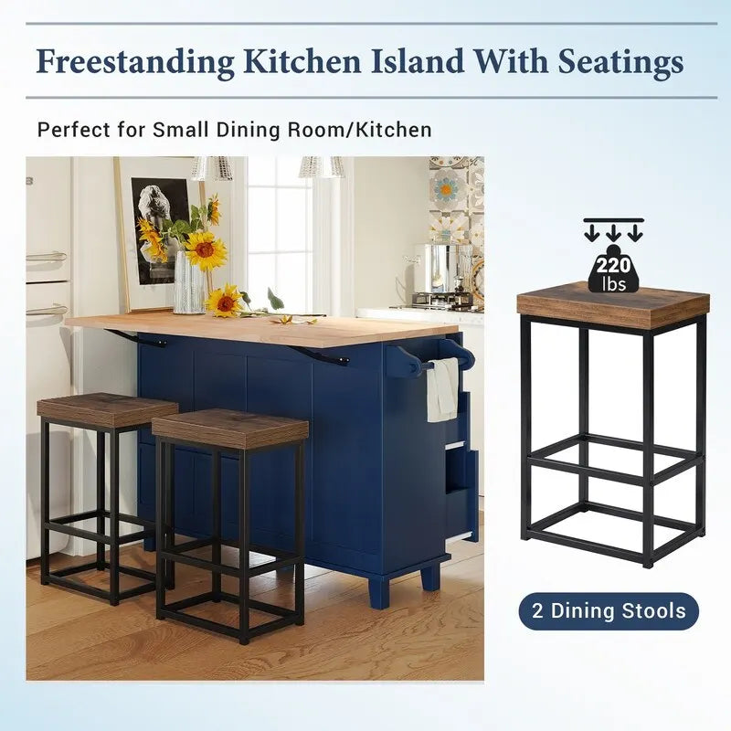 Farmhouse-Style Kitchen Island Set with Drop-Leaf Table, Two Seats, Storage Cabinet, Drawers, and Towel Rack