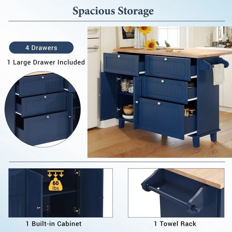 Farmhouse-Style Kitchen Island Set with Drop-Leaf Table, Two Seats, Storage Cabinet, Drawers, and Towel Rack