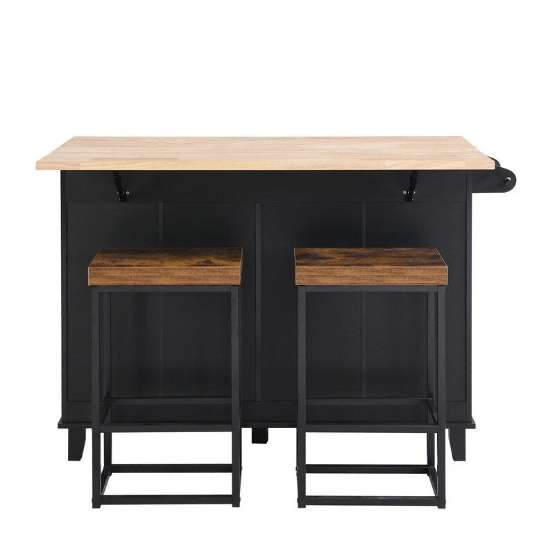 Farmhouse-Style Kitchen Island Set with Drop-Leaf Table, Two Seats, Storage Cabinet, Drawers, and Towel Rack