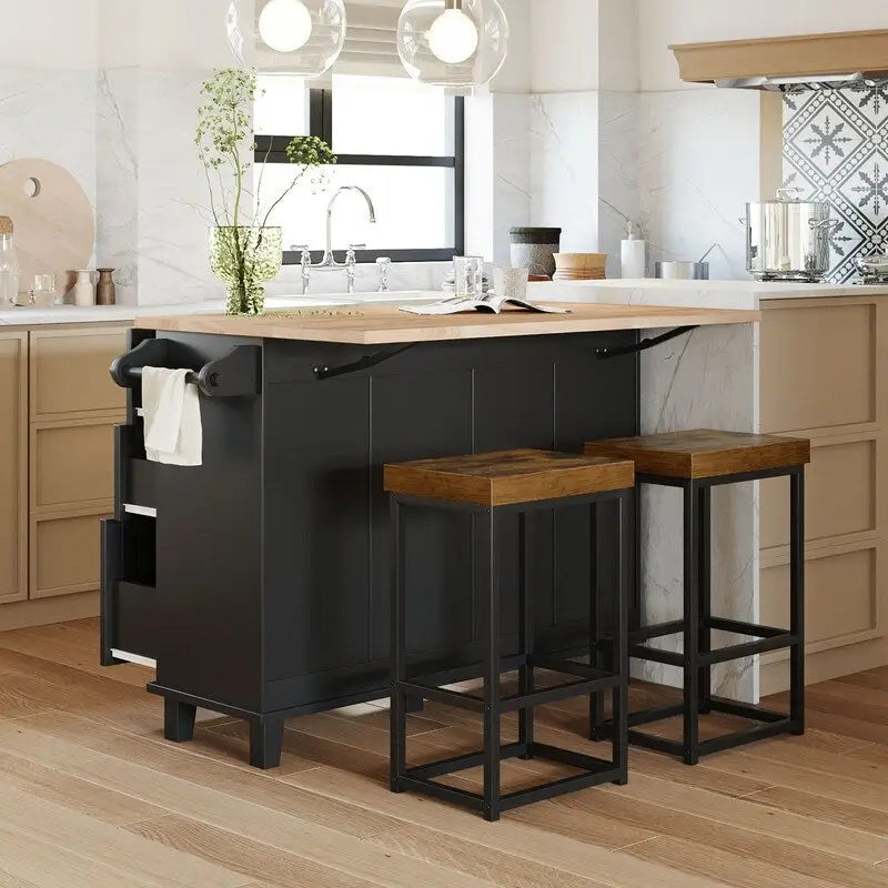 Farmhouse-Style Kitchen Island Set with Drop-Leaf Table, Two Seats, Storage Cabinet, Drawers, and Towel Rack