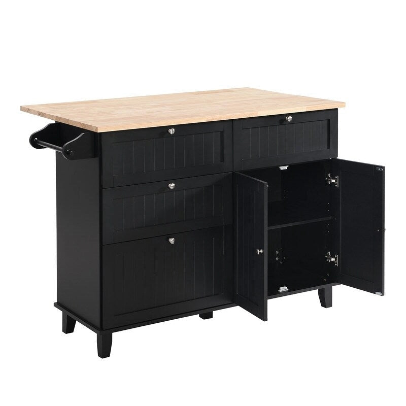 Farmhouse-Style Kitchen Island Set with Drop-Leaf Table, Two Seats, Storage Cabinet, Drawers, and Towel Rack