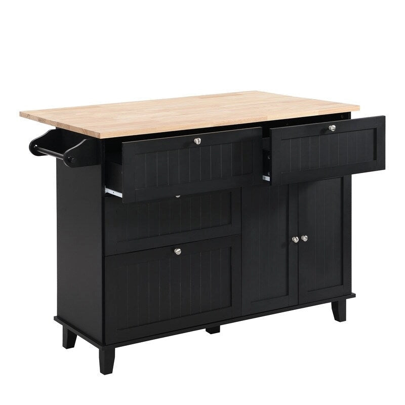 Farmhouse-Style Kitchen Island Set with Drop-Leaf Table, Two Seats, Storage Cabinet, Drawers, and Towel Rack