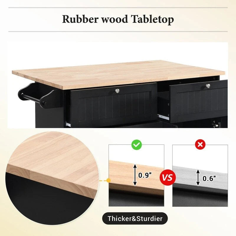 Farmhouse-Style Kitchen Island Set with Drop-Leaf Table, Two Seats, Storage Cabinet, Drawers, and Towel Rack