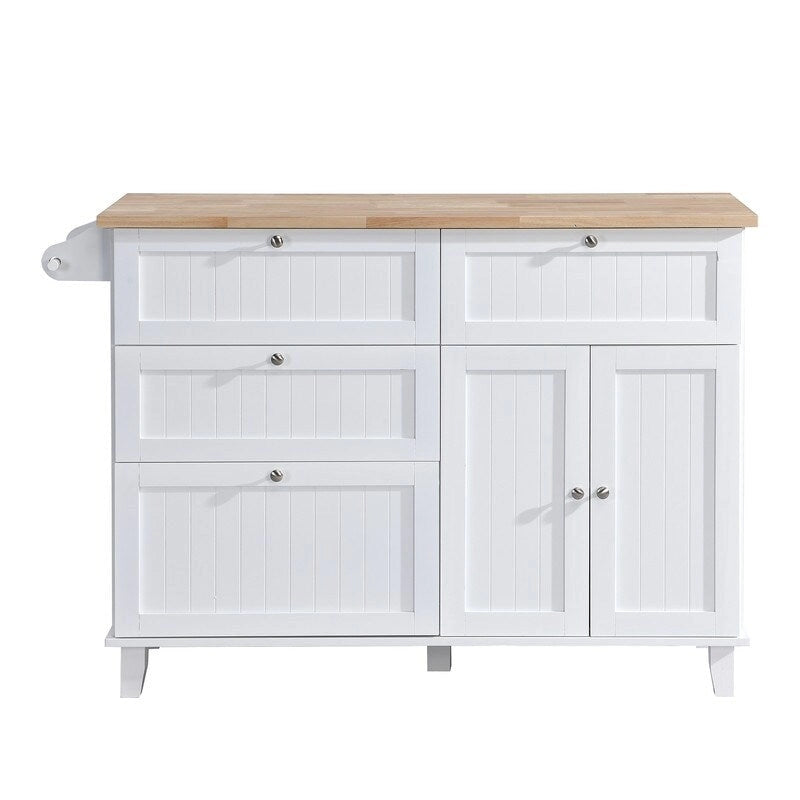 Farmhouse-Style Kitchen Island Set with Drop-Leaf Table, Two Seats, Storage Cabinet, Drawers, and Towel Rack