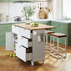 Farmhouse-Style Kitchen Island Set with Drop-Leaf Table, Two Seats, Storage Cabinet, Drawers, and Towel Rack