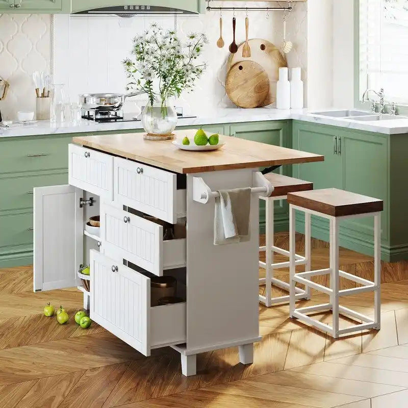 Farmhouse-Style Kitchen Island Set with Drop-Leaf Table, Two Seats, Storage Cabinet, Drawers, and Towel Rack