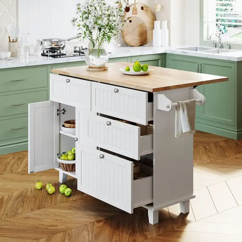 Farmhouse-Style Kitchen Island Set with Drop-Leaf Table, Two Seats, Storage Cabinet, Drawers, and Towel Rack