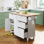 Farmhouse-Style Kitchen Island Set with Drop-Leaf Table, Two Seats, Storage Cabinet, Drawers, and Towel Rack