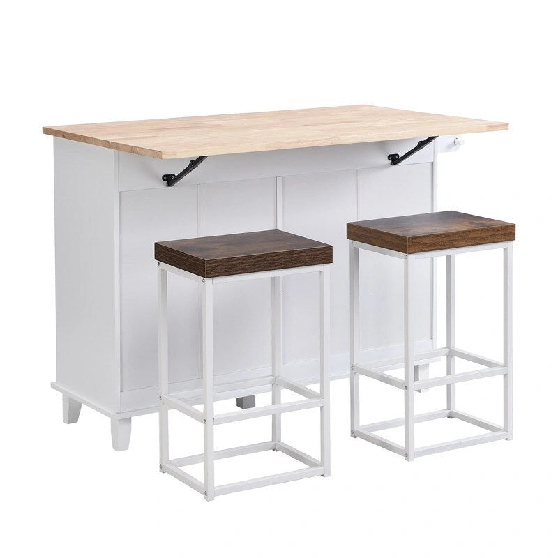 Farmhouse-Style Kitchen Island Set with Drop-Leaf Table, Two Seats, Storage Cabinet, Drawers, and Towel Rack