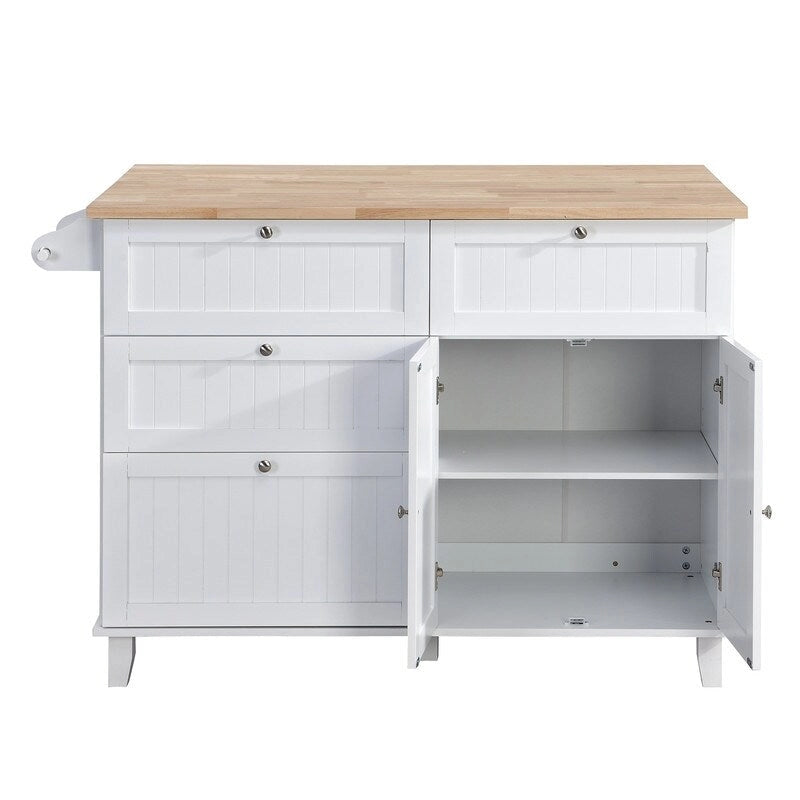 Farmhouse-Style Kitchen Island Set with Drop-Leaf Table, Two Seats, Storage Cabinet, Drawers, and Towel Rack