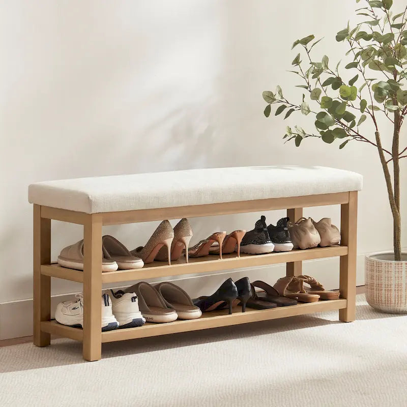 HUIMO Multi-Functional Solid Wood Bench with Storage Shelves 46in