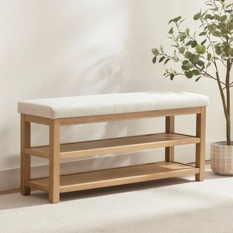 HUIMO Multi-Functional Solid Wood Bench with Storage Shelves 46in