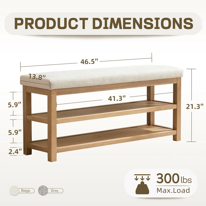 HUIMO Multi-Functional Solid Wood Bench with Storage Shelves 46in