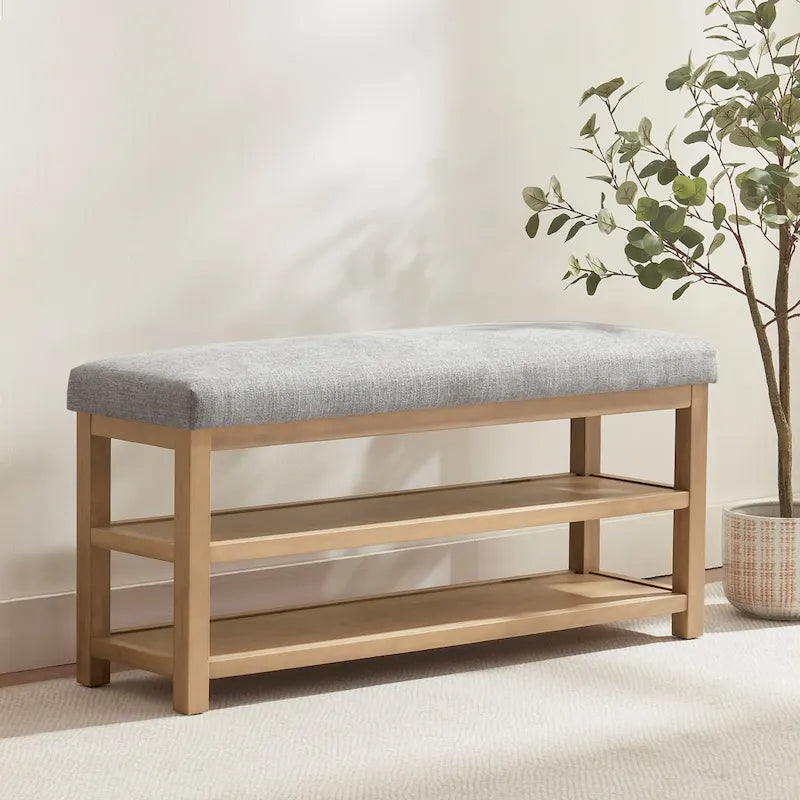 HUIMO Multi-Functional Solid Wood Bench with Storage Shelves 46in