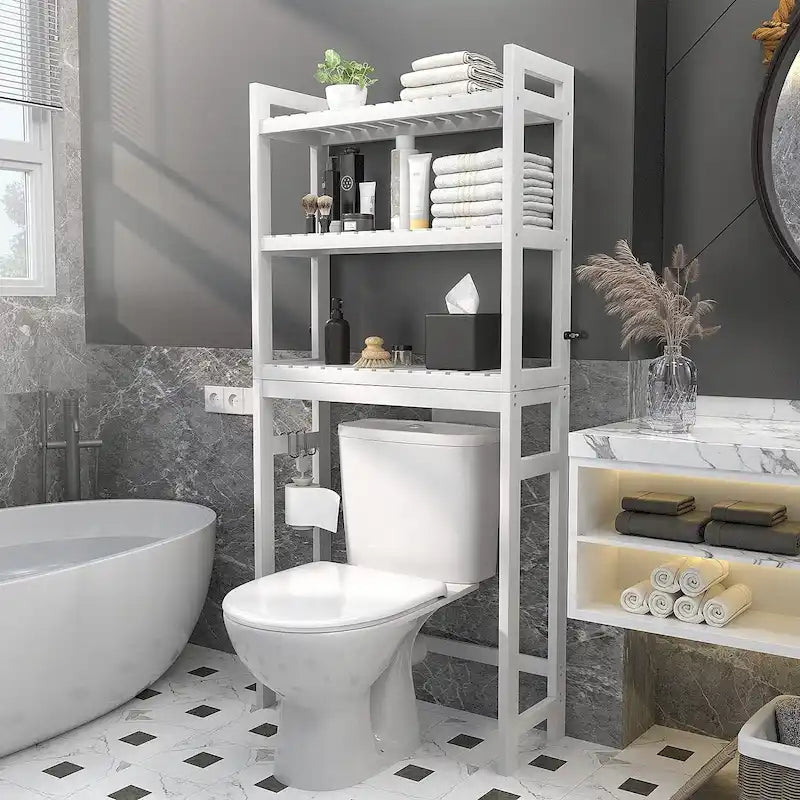 Over The Toilet Storage Shelf, Bamboo 3-Tier Above Toilet Storage Rack with 3 Hooks