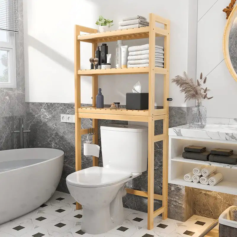 Over The Toilet Storage Shelf, Bamboo 3-Tier Above Toilet Storage Rack with 3 Hooks