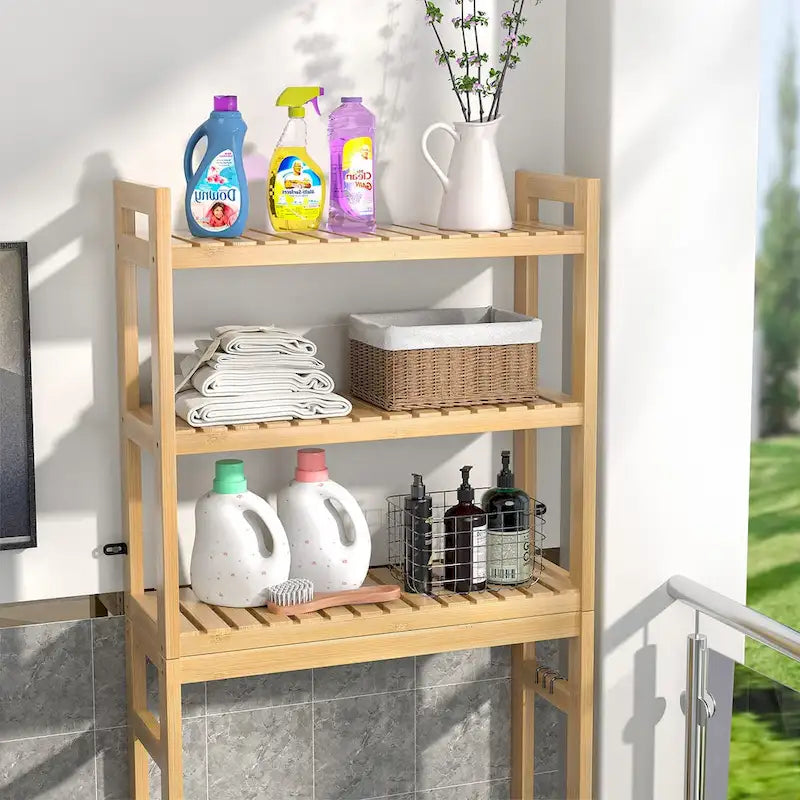 Over The Toilet Storage Shelf, Bamboo 3-Tier Above Toilet Storage Rack with 3 Hooks