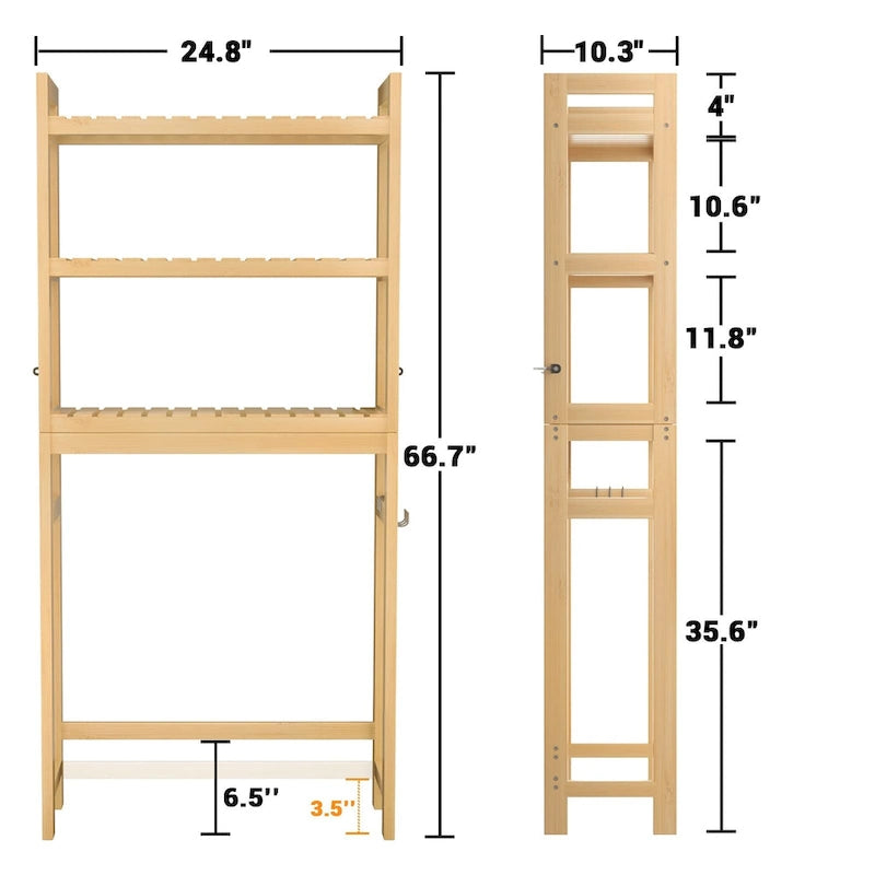 Over The Toilet Storage Shelf, Bamboo 3-Tier Above Toilet Storage Rack with 3 Hooks