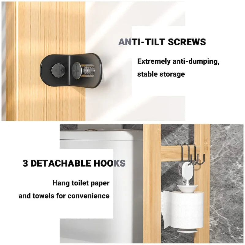 Over The Toilet Storage Shelf, Bamboo 3-Tier Above Toilet Storage Rack with 3 Hooks