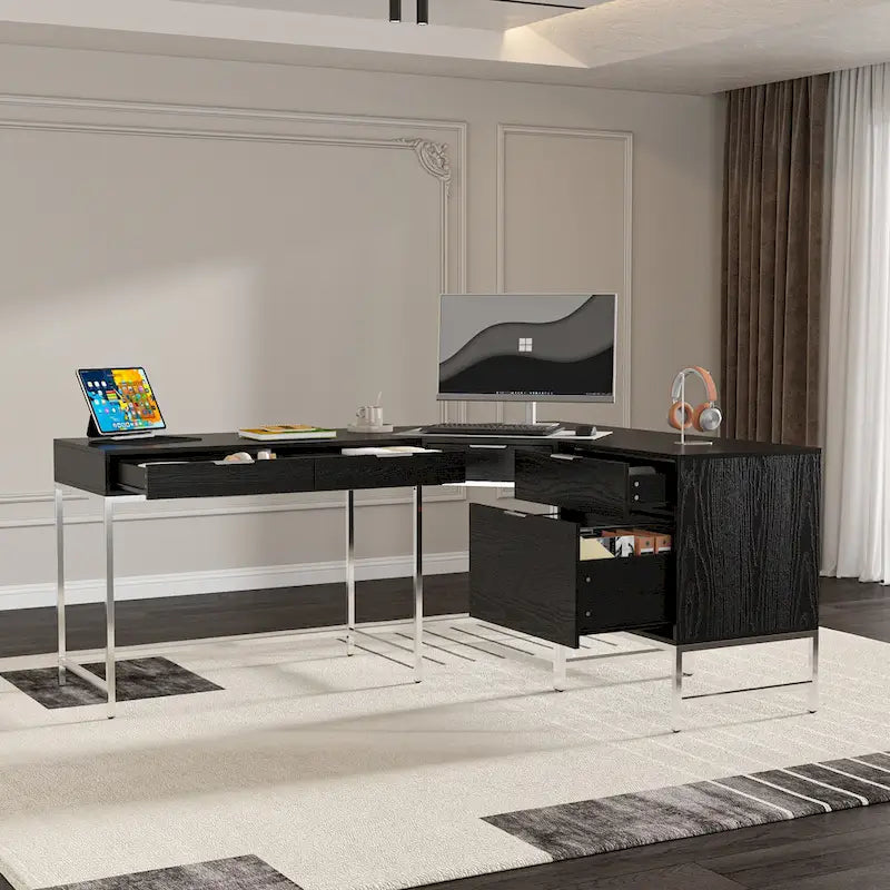 L-Shaped Black Wood Grain Office Desk with Drawers,Steel Frame, Modern Executive Workstation
