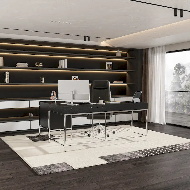 L-Shaped Black Wood Grain Office Desk with Drawers,Steel Frame, Modern Executive Workstation