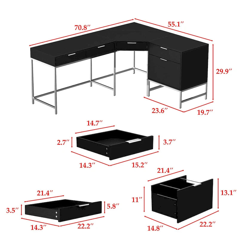L-Shaped Black Wood Grain Office Desk with Drawers,Steel Frame, Modern Executive Workstation