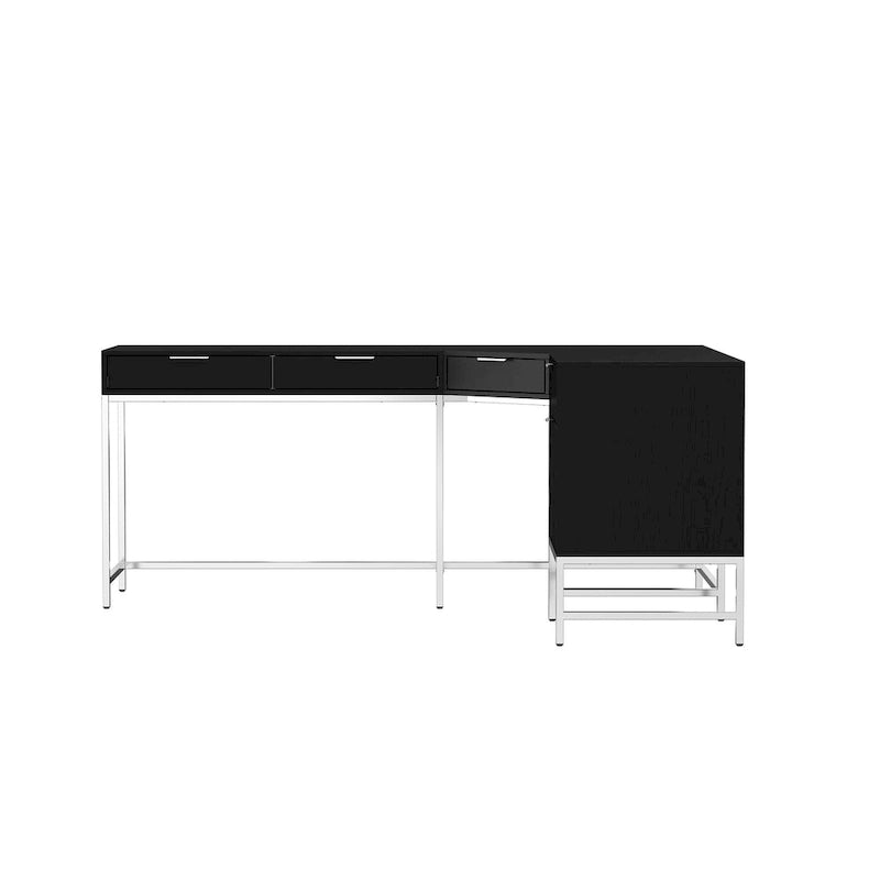 L-Shaped Black Wood Grain Office Desk with Drawers,Steel Frame, Modern Executive Workstation