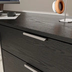 L-Shaped Black Wood Grain Office Desk with Drawers,Steel Frame, Modern Executive Workstation