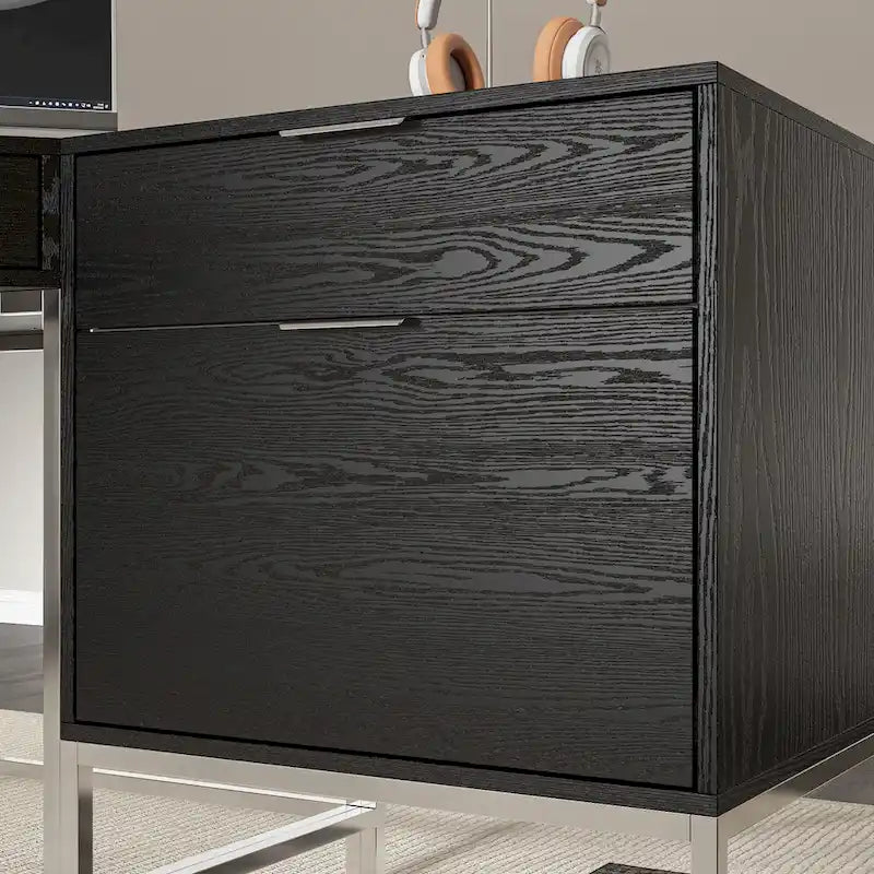 L-Shaped Black Wood Grain Office Desk with Drawers,Steel Frame, Modern Executive Workstation
