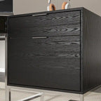 L-Shaped Black Wood Grain Office Desk with Drawers,Steel Frame, Modern Executive Workstation