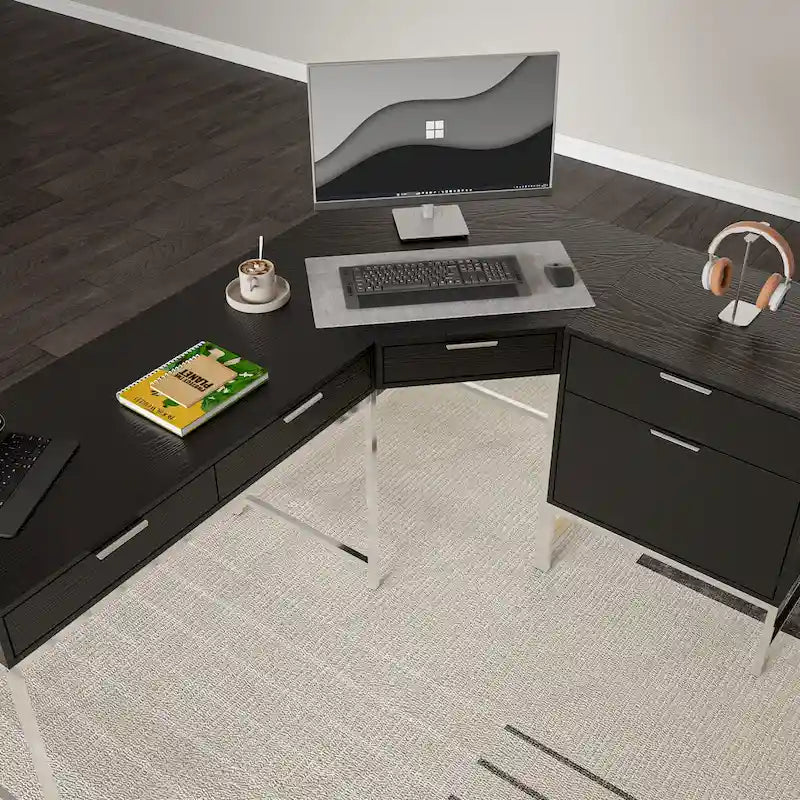 L-Shaped Black Wood Grain Office Desk with Drawers,Steel Frame, Modern Executive Workstation