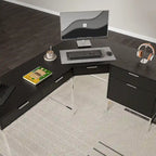 L-Shaped Black Wood Grain Office Desk with Drawers,Steel Frame, Modern Executive Workstation