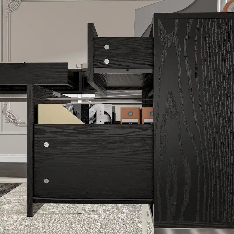 L-Shaped Black Wood Grain Office Desk with Drawers,Steel Frame, Modern Executive Workstation