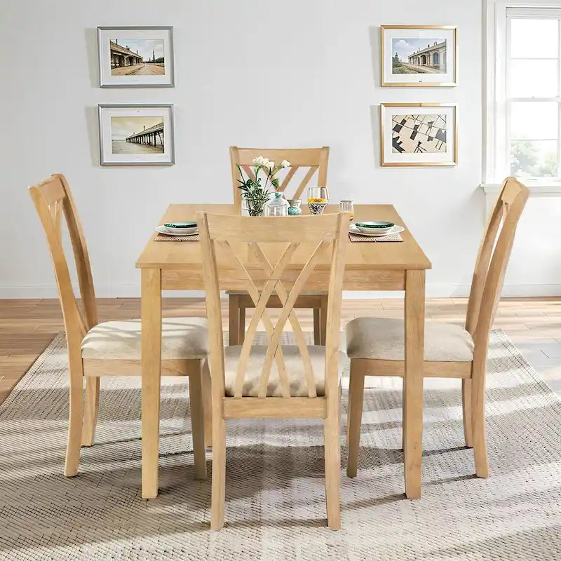 Wooden Rectangle Dining Room Table Set of 5, Kitchen Set with Dining Table and 4 Cross Backrest Chairs for 4-6 Persons