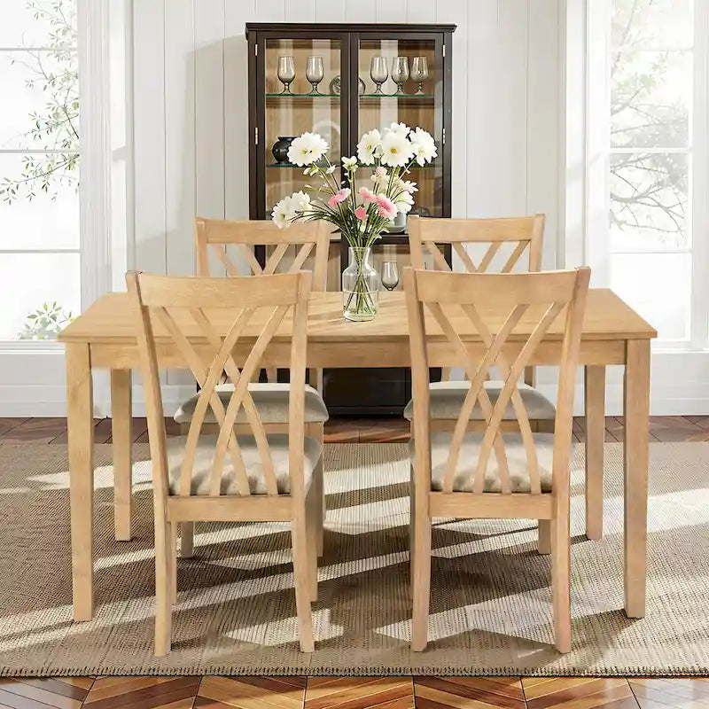 Wooden Rectangle Dining Room Table Set of 5, Kitchen Set with Dining Table and 4 Cross Backrest Chairs for 4-6 Persons