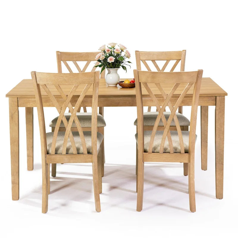 Wooden Rectangle Dining Room Table Set of 5, Kitchen Set with Dining Table and 4 Cross Backrest Chairs for 4-6 Persons