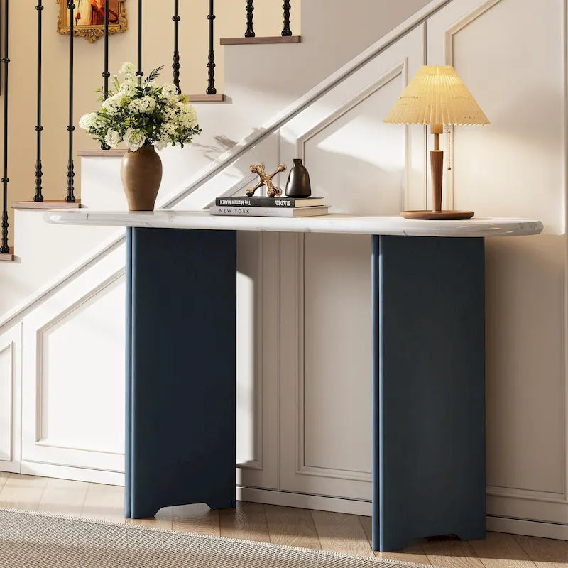 Oval Faux Marble Top Console Table Entryway Table, Narrow Sofa Table Hallway Accent Table with Triangular Base