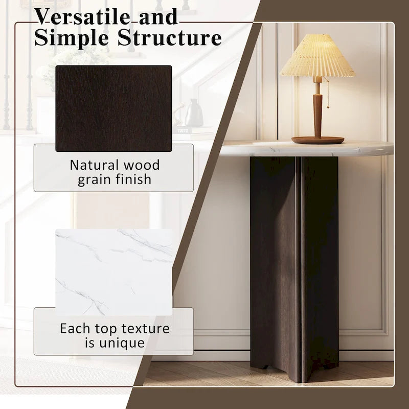 Oval Faux Marble Top Console Table Entryway Table, Narrow Sofa Table Hallway Accent Table with Triangular Base