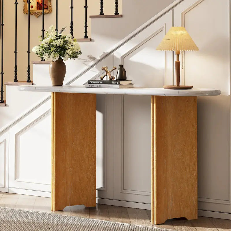 Oval Faux Marble Top Console Table Entryway Table, Narrow Sofa Table Hallway Accent Table with Triangular Base
