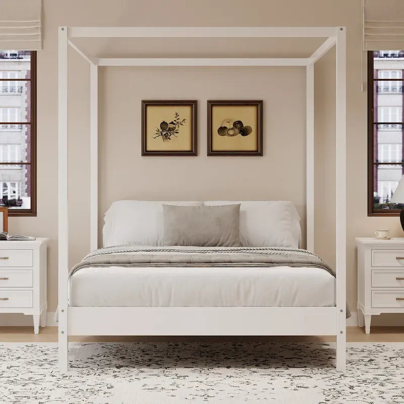 Canopy Bed Frame Wooden Four Poster Platform Bed with Wood Slats Support, No Box Spring Needed, No Headboard, Low Profile Bed
