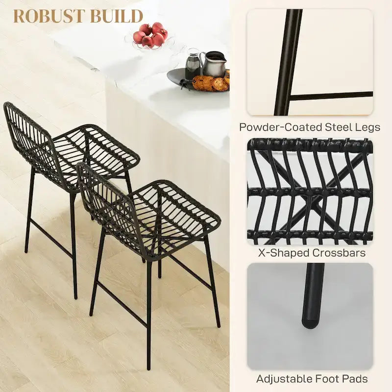 HOMCOM Rattan Counter Height Bar Stools Set of 2, 26 Wicker Barstools with Back, Modern Bar Chairs for Kitchen Island, Black