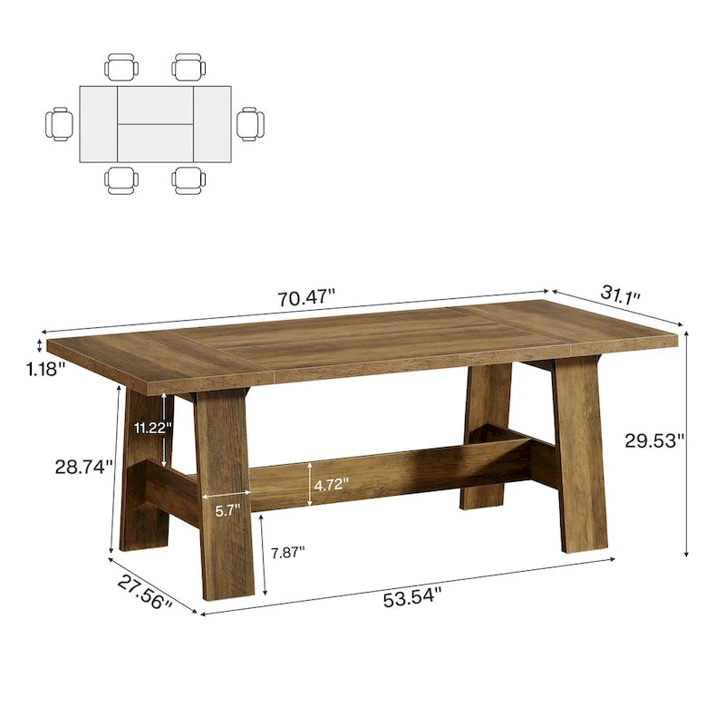 70-Inch Dining Table for 6-8, Rectangular Farmhouse Kitchen Table - 70.47 W x 31.1 D x 29.53 H