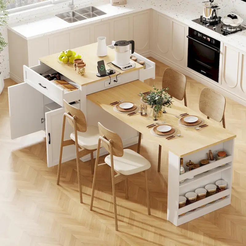 Faux Marble Kitchen Island with Extendable Dining Table, Power Outlet, Kitchen island with Storage 2 Drawers 2 Side Open Shelves