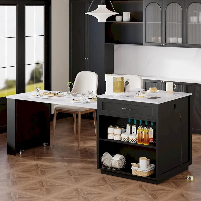 Faux Marble Kitchen Island with Extendable Dining Table, Power Outlet, Kitchen island with Storage 2 Drawers 2 Side Open Shelves