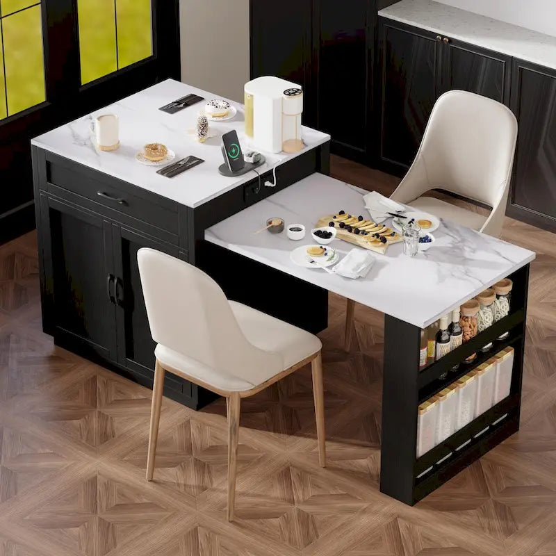 Faux Marble Kitchen Island with Extendable Dining Table, Power Outlet, Kitchen island with Storage 2 Drawers 2 Side Open Shelves
