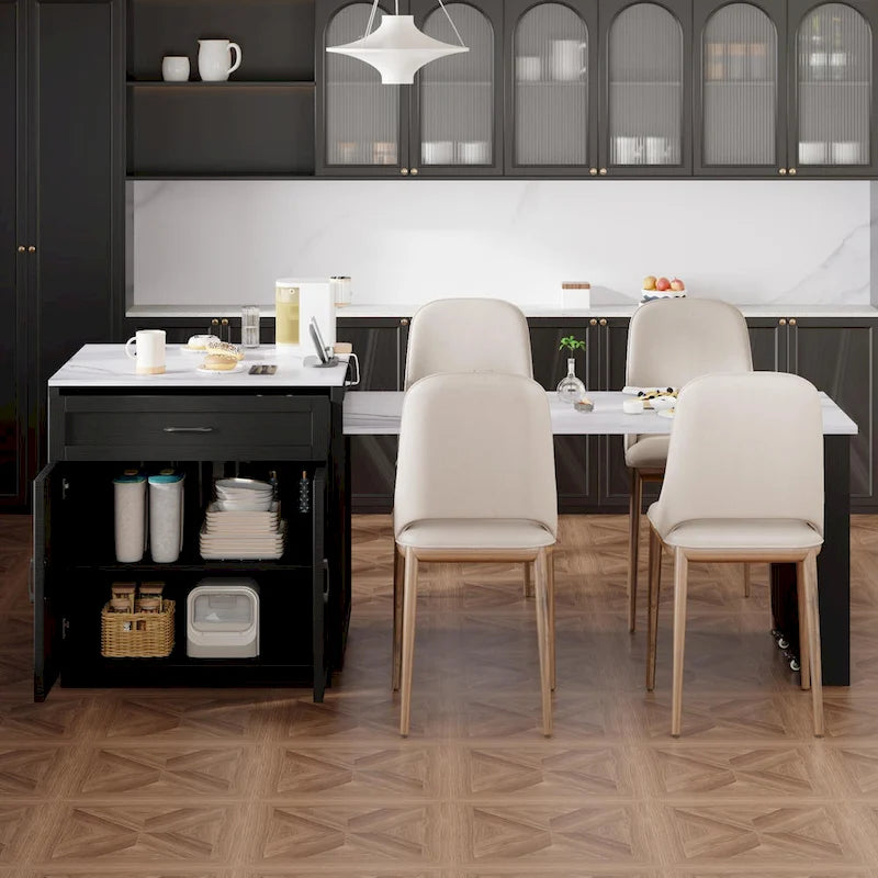 Faux Marble Kitchen Island with Extendable Dining Table, Power Outlet, Kitchen island with Storage 2 Drawers 2 Side Open Shelves