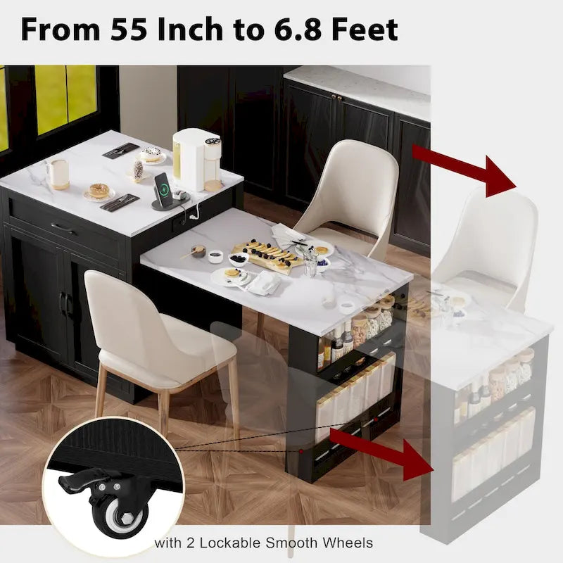 Faux Marble Kitchen Island with Extendable Dining Table, Power Outlet, Kitchen island with Storage 2 Drawers 2 Side Open Shelves
