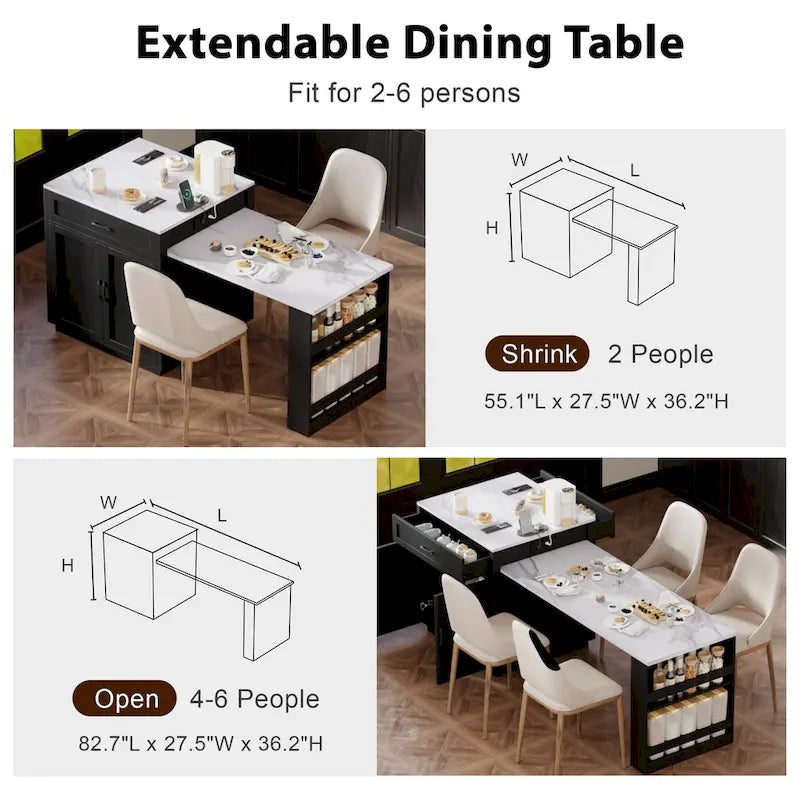 Faux Marble Kitchen Island with Extendable Dining Table, Power Outlet, Kitchen island with Storage 2 Drawers 2 Side Open Shelves