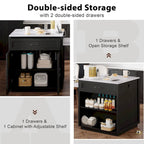 Faux Marble Kitchen Island with Extendable Dining Table, Power Outlet, Kitchen island with Storage 2 Drawers 2 Side Open Shelves