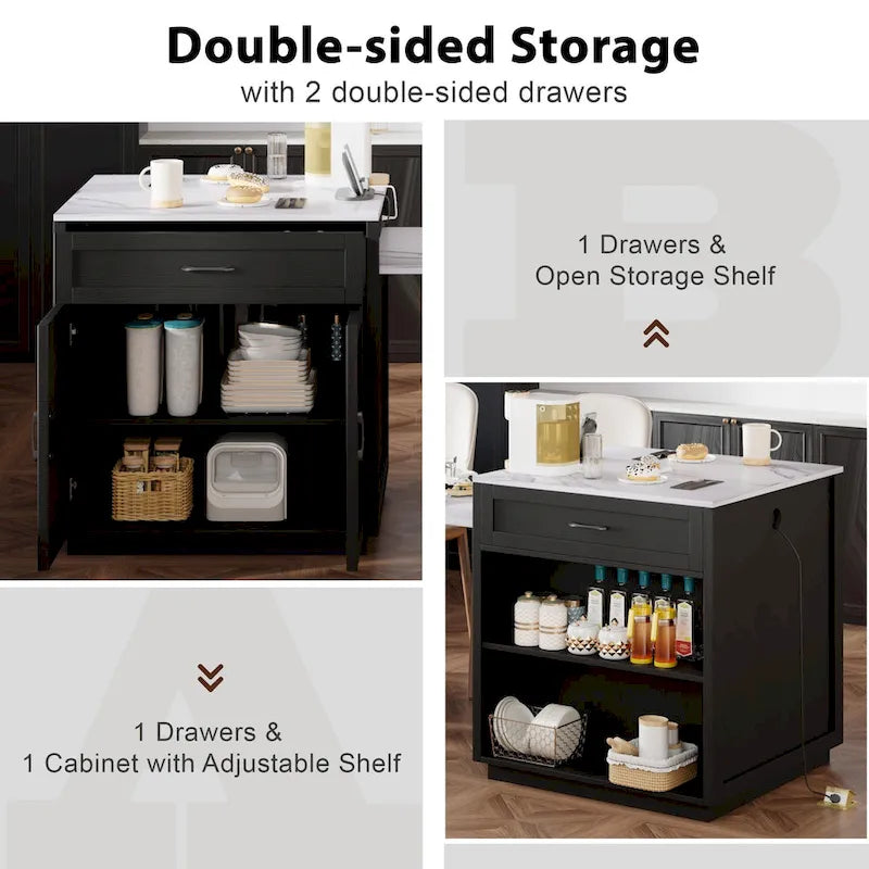 Faux Marble Kitchen Island with Extendable Dining Table, Power Outlet, Kitchen island with Storage 2 Drawers 2 Side Open Shelves